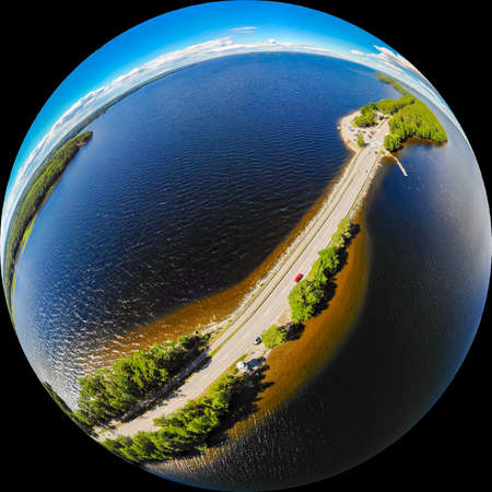 Aerial panoramic view in form of small planet of Pulkkilanharju Ridge on lake Paijanne, Paijanne...