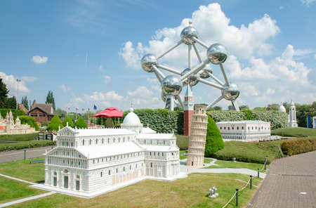 BRUSSELS, BELGIUM - 13 MAY 2016: Miniatures at the park Mini-Europe - reproductions of monuments in the European Union at a scale of 1:25. Pisa, Italy.のeditorial素材