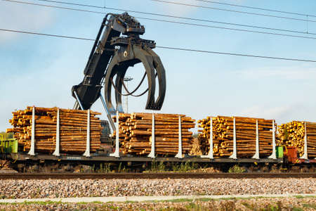 Kouvola, Finland - 24 September 2020: Unloading of timber from railway carriages at paper mill Stora Ensoのeditorial素材