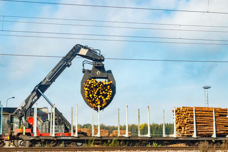 Kouvola, Finland - 24 September 2020: Unloading of timber from railway carriages at paper mill Stora Ensoのeditorial素材