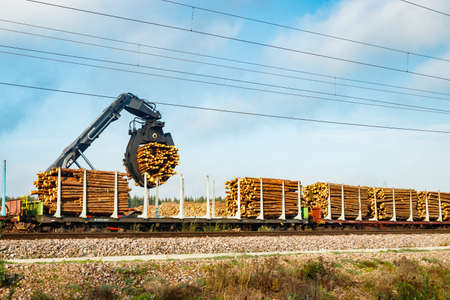 Kouvola, Finland - 24 September 2020: Unloading of timber from railway carriages at paper mill Stora Ensoのeditorial素材