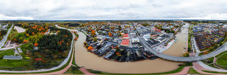 Porvoo, Finland - 2 October 2019: Panoramic aerial autumn view of old town of Porvoo, Finland.
