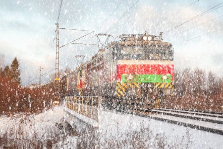 Cargo train at winter morning in Finland.