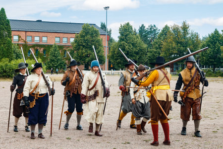 Kouvola, Finland - 7 August 2021: Outdoor performance at the Medieval Market Festival. Soldiers of the 17th century.のeditorial素材