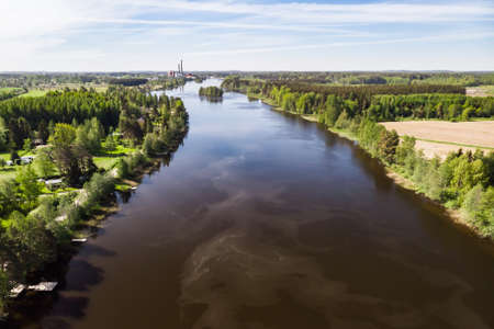 Aerial panoramic view of place Myllykoski at river Kymijoki, Kouvola, Finland.