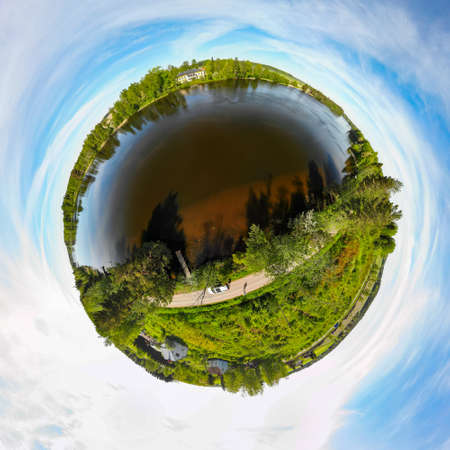 A three dimensional aerial panoramic view of river Kymijoki bank with beautiful wooden Rabbelugn Manor - Takamaan Kartano.の写真素材