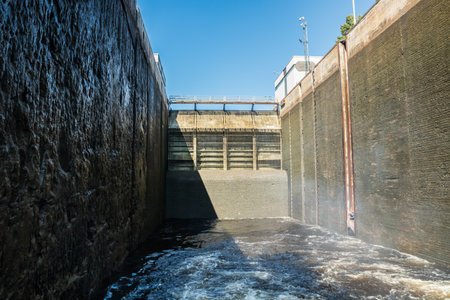 Lappeenranta, Finland - August 7, 2019: Lock on the Saimaa Canal at Malkia. View from water.のeditorial素材