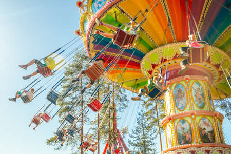 Kouvola, Finland - 18 May 2019: Ride Swing Carousel in motion in amusement park Tykkimakiのeditorial素材