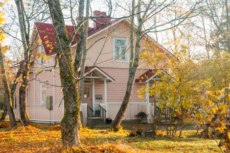 KOUVOLA, FINLAND - OCTOBER 15, 2018: Beautiful autumn in old rustic museum district of Kouvola - Kaunisnurmi.のeditorial素材