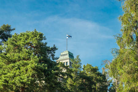 Naantali, Finland - 28 June, 2019: Kultaranta, the official summer residence of President of Finland. Flag hoisted - President is there.のeditorial素材