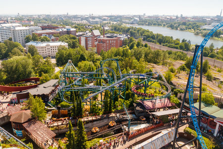 Helsinki, Finland - 24 June 2022: Top view of Linnanmaki amusement park and Helsinki city.のeditorial素材