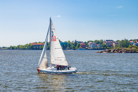 Helsinki, Finland - 12 June 2022: Yacht near Helsinki shore.のeditorial素材