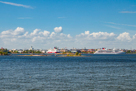 Helsinki, Finland - 12 June 2022: Panoramic view of Helsinki from the sea and Suomenlinna Fortress.のeditorial素材