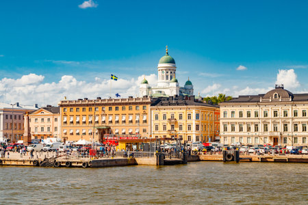 Helsinki, Finland - 12 June 2022: panorama of the Market Square Kauppatori in the port of Helsinki. view from the sea.のeditorial素材