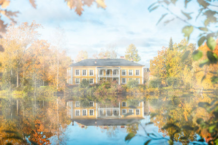 Kouvola, Finland - May 16, 2019: Beautiful wooden Rabbelugn Manor - Takamaan Kartano in fog.のeditorial素材