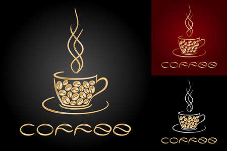 Set of card templates with cup and golden coffee beans for design.のイラスト素材