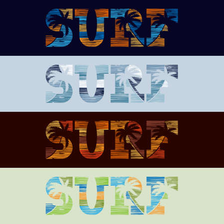 Set of Surfing typography posters in grunge style. Vintage concept for print production. T-shirt fashion Design. Template for postcard, banner, flyer.のイラスト素材