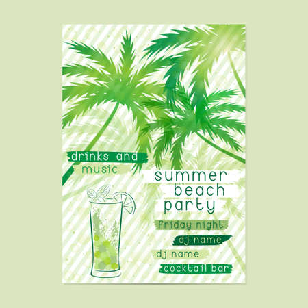 Summer Beach Party template with cocktail and palm trees. Summer Party Flyer, Beach Party Poster or Retro Invitation design. Layout in A3 size.のイラスト素材
