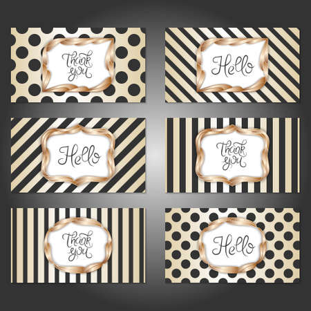 Collection of 6 vintage card templates in gold, black and white colors. For the wedding, marriage, save the date cards, invitations, greetings. Simple retro design with a gold frame.のイラスト素材