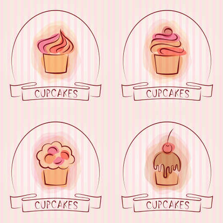 Set of cupcakes or emblem for sweets shop, bakery shop, cake shop, restaurant. Baking and pastries labels.のイラスト素材