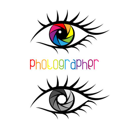 Camera shutter in eye design Concept. template for photography studio, photographer, photo company, web site. Colorful or black and white diaphragm.のイラスト素材
