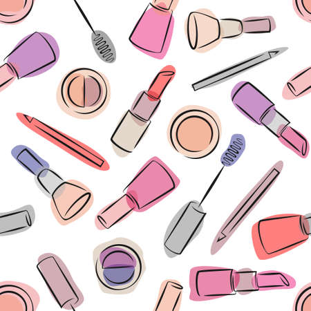 Decorative cosmetics seamless pattern on white background. Make-up items.Beauty products.のイラスト素材