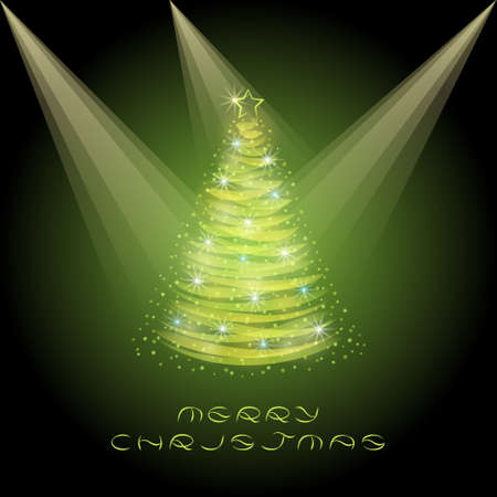 Christmas Greeting Card. Shining Christmas tree on a green background.のイラスト素材