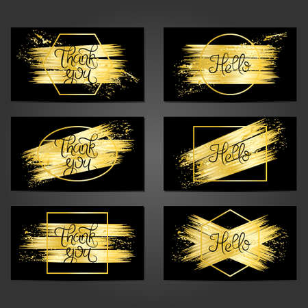 Collection of 6 vintage card templates with golden brushstrokes on black background. For the wedding, marriage, save the date cards, invitations, greetings. Grunge retro design with golden paint.のイラスト素材