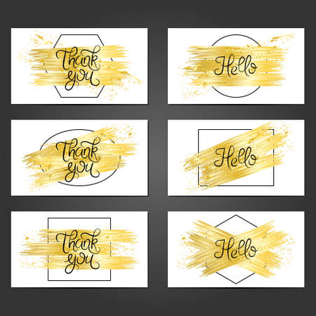 Collection of 6 vintage card templates with golden brushstrokes on white background. For the wedding, marriage, save the date cards, invitations, greetings. Grunge retro design with golden paint.のイラスト素材