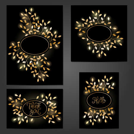 Collection of vintage cards with gold floral decoration on black background. Typographic template for your text. Can be used for wedding invitation, Save The Date, Valentine's Day, birthday cards, congratulations, gift cards.のイラスト素材