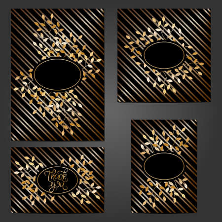 Collection of vintage cards with gold floral decoration on black background. Typographic template for your text. Can be used for wedding invitation, Save The Date, Valentine's Day, birthday cards, congratulations, gift cards.のイラスト素材