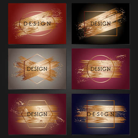 Collection of 6 vintage card templates with copper brushstrokes. For the wedding, marriage, save the date cards, invitations, greetings. Grunge retro design with copper paint.のイラスト素材