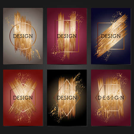 Collection of 6 vintage card templates with copper brushstrokes. For the wedding, marriage, save the date cards, invitations, greetings. Grunge retro design with copper paint.のイラスト素材