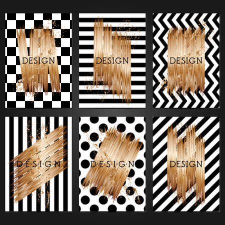 Collection of 6 vintage card templates  in black and white colors and with copper brushstrokes. For the wedding, marriage, save the date cards, invitations, greetings. Grunge retro design with copper paint.のイラスト素材