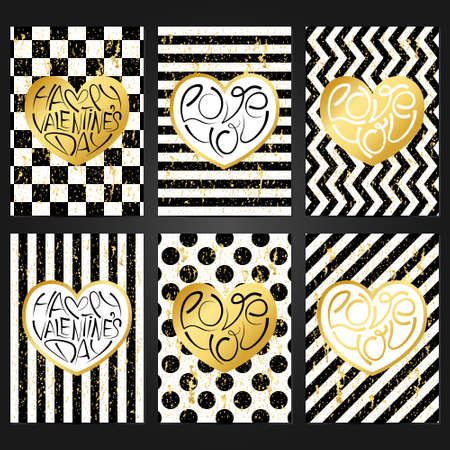 Set of 6 vintage card templates for Happy Valentines Day. For greeting cards, holiday posters, party invitations, web banners. Love backgrounds in black, white and golden colors.のイラスト素材