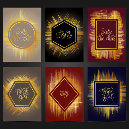 Collection of 6 vintage card templates with golden brushstrokes. For the wedding, marriage, save the date cards, invitations, greetings. Grunge retro design with golden frame.のイラスト素材