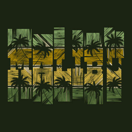 Malibu typography poster. Concept in vintage style for print production. T-shirt fashion Design. Template for poster, print, banner, flyer.のイラスト素材