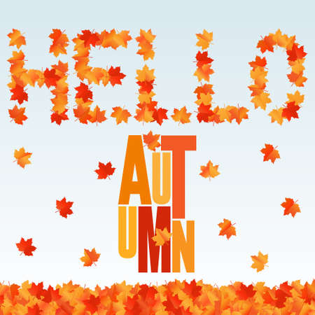 Hello autumn banner. Background with falling maple leaves. Concept autumn advertising.のイラスト素材
