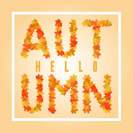 Hello autumn banner. Greeting card. Lettering with maple leaves.のイラスト素材