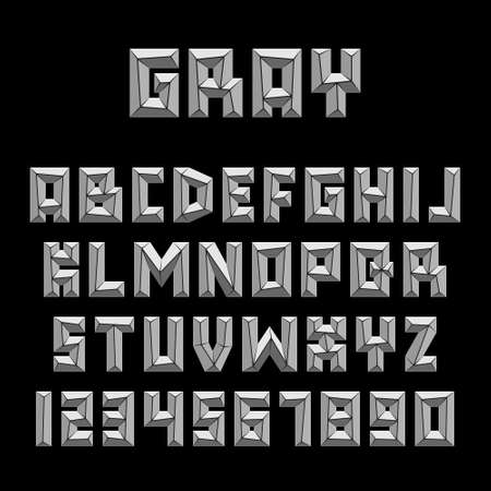 Set of gray letters and numbers. Vector graphic alphabet symbols in geometric style. Design template elements.のイラスト素材