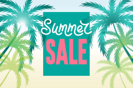 Summer sale banner with palms and sale text. Tropical background, design template. Big discount.