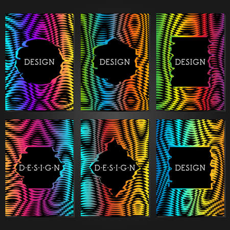 Collection of 6 card templates with glitch effect and frame for text. Layout for banners, posters, flyers, covers and invitations. Trendy design.のイラスト素材