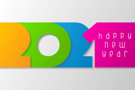 Happy New Year 2021 poster with numbers cut out of colored paper. Winter holidays greeting or invitation. Vector illustration on white background.のイラスト素材