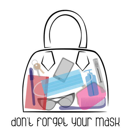Female bag with contents. Cosmetic accessories, personal items and protective equipment. Put spare medical mask in bag.のイラスト素材