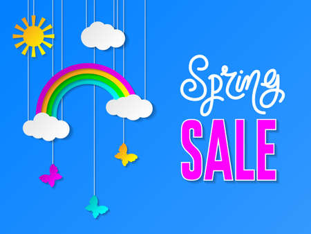 Spring sale banner with sky, butterflies and sale text. Design template for discount vouchers, marketing posters, web banners, shopping flyers. Sale and special offer.のイラスト素材