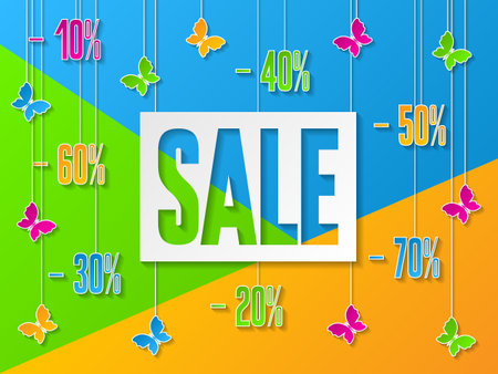 Spring sale banner with butterflies, discounts and sale text. Design template for discount vouchers, marketing posters, web banners, shopping flyers. Sale and special offer.の写真素材