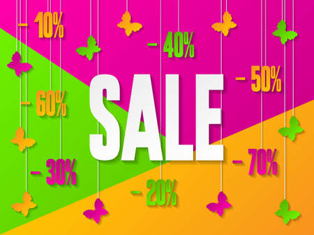 Spring sale banner with butterflies, discounts and sale text. Design template for discount vouchers, marketing posters, web banners, shopping flyers. Sale and special offer.の写真素材