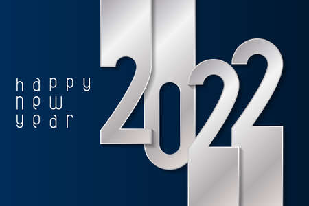 Happy New Year 2022 poster with silver numbers. Winter holidays greeting or invitation. Vector illustration on blue background.のイラスト素材