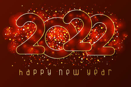 Happy New Year 2022 poster with numbers cut out of paper and with confetti. Winter holidays greeting or invitation. Vector illustration on red background.のイラスト素材