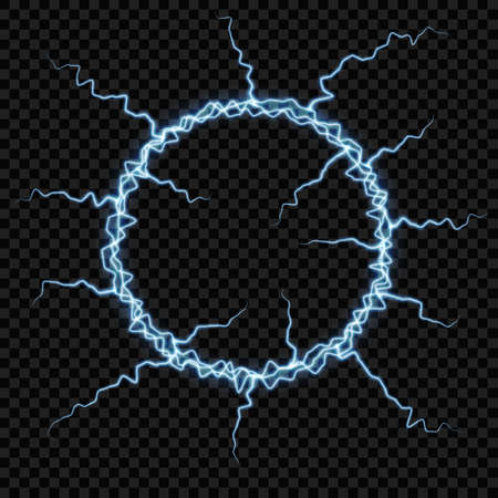 Lightning ring with electrical discharge and glow effect. Round frame for text. Electric flash light effect. Realistic 3d vector illustration.のイラスト素材